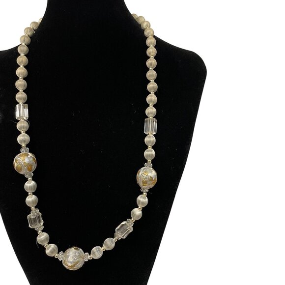 Vintage Gold & Silver Tone Beaded Necklace With Art Glass Accents & Crystal-Like - Picture 2 of 7